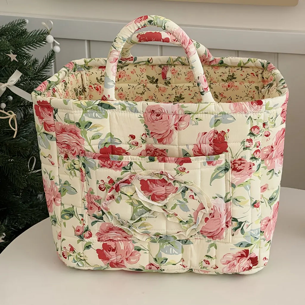Quilted Floral-Print Camping Carry Basket - Retro Dark Night Peony & Foundation White Flower Rectangle Storage Bin, Sturdy Large Portable Hiking Hammock Gear Organizer for Back to School Home Decor