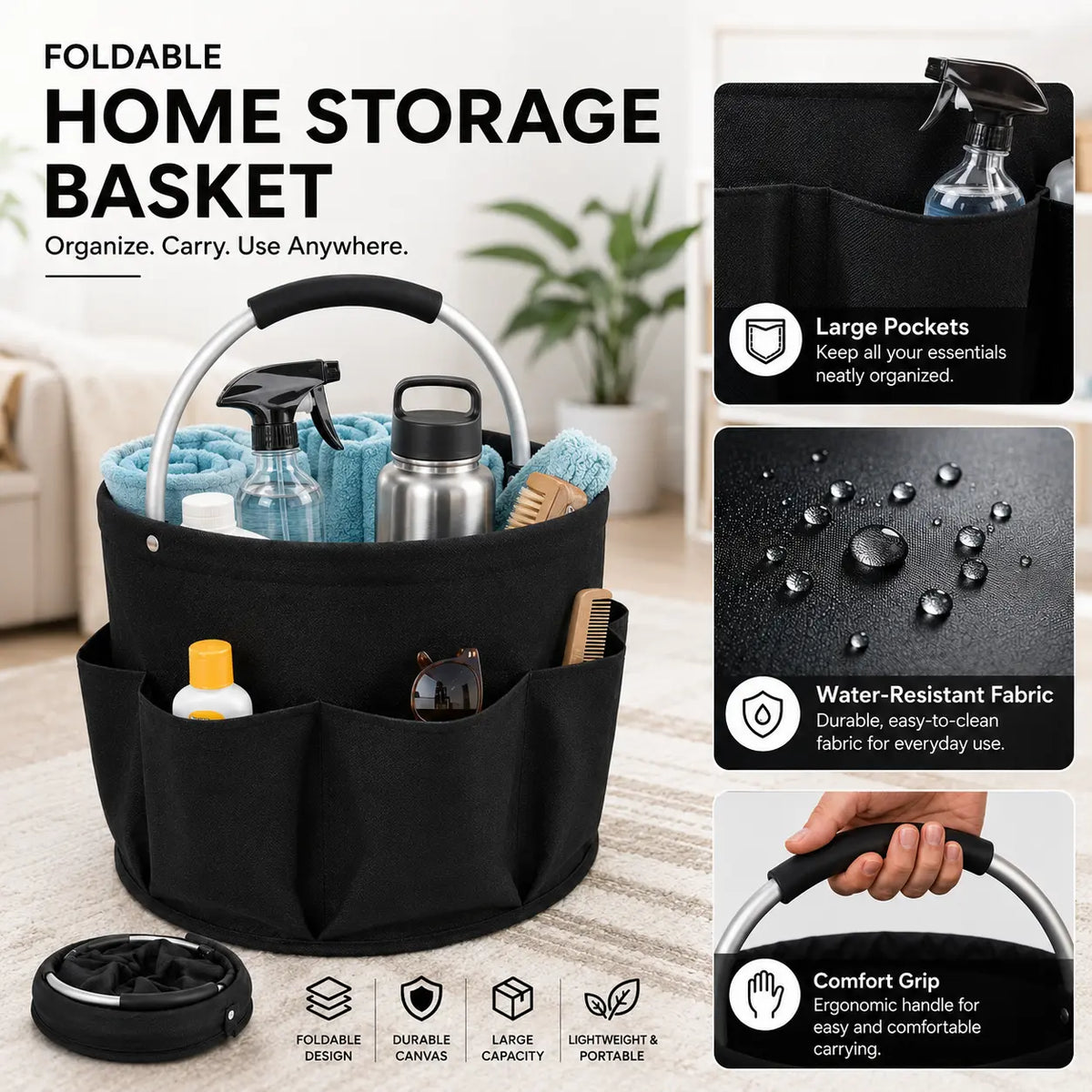 16L Portable Foldable Cleaning Caddy with Handle and Pockets, Space-Saving Household Organizer, Great for Daily Home Use, Car Trunk, Camping Picnic (Sports & Outdoor Essentials)