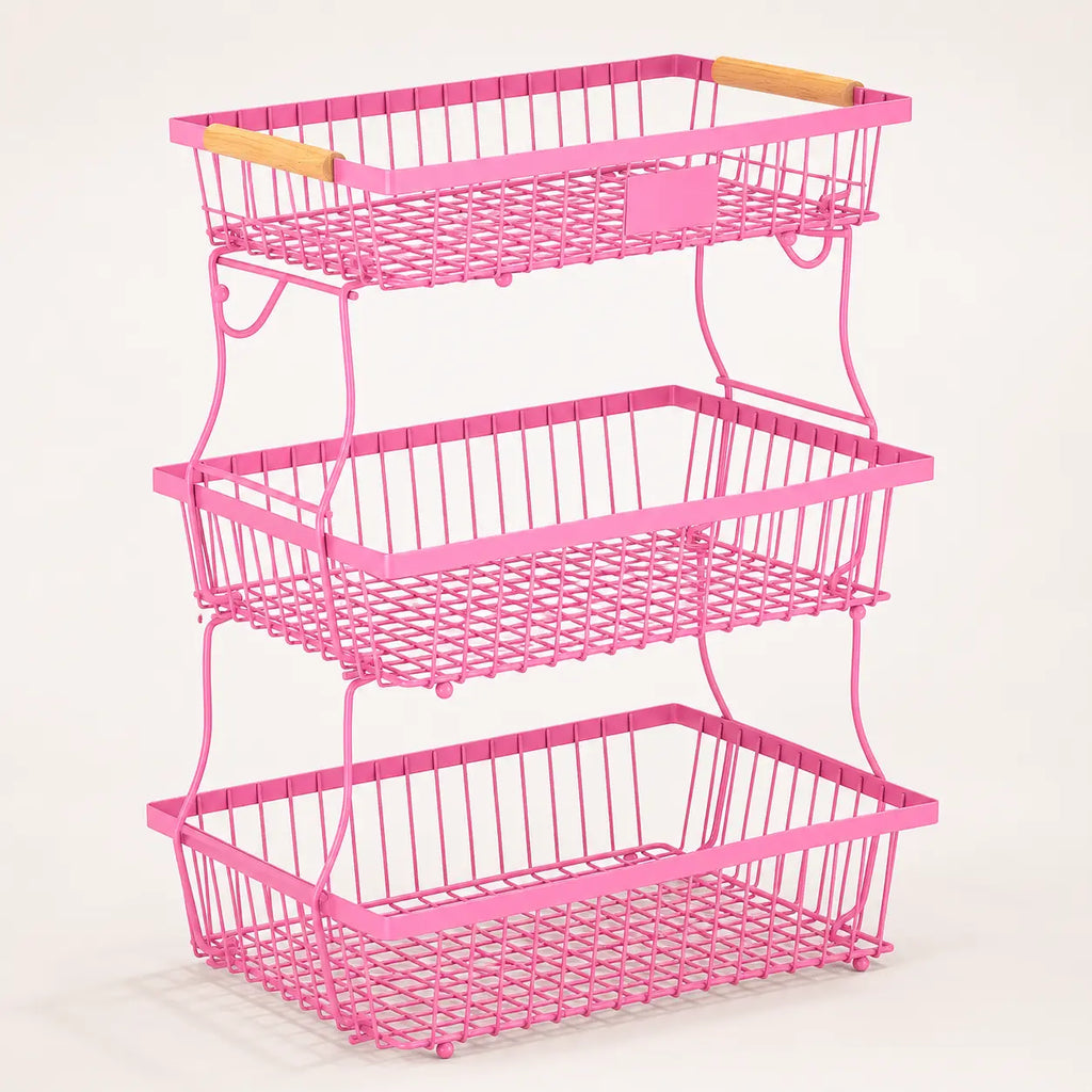3-Tier Metal Countertop Storage Basket with Handles - 2 Banana Hangers, Attach-to-Countertop Compatible, Open Wire Modern Farmhouse Design, House Organizers for Kitchen Counters, Rose Red Organization Baskets for Vegetable, Bread & Snack Stations
