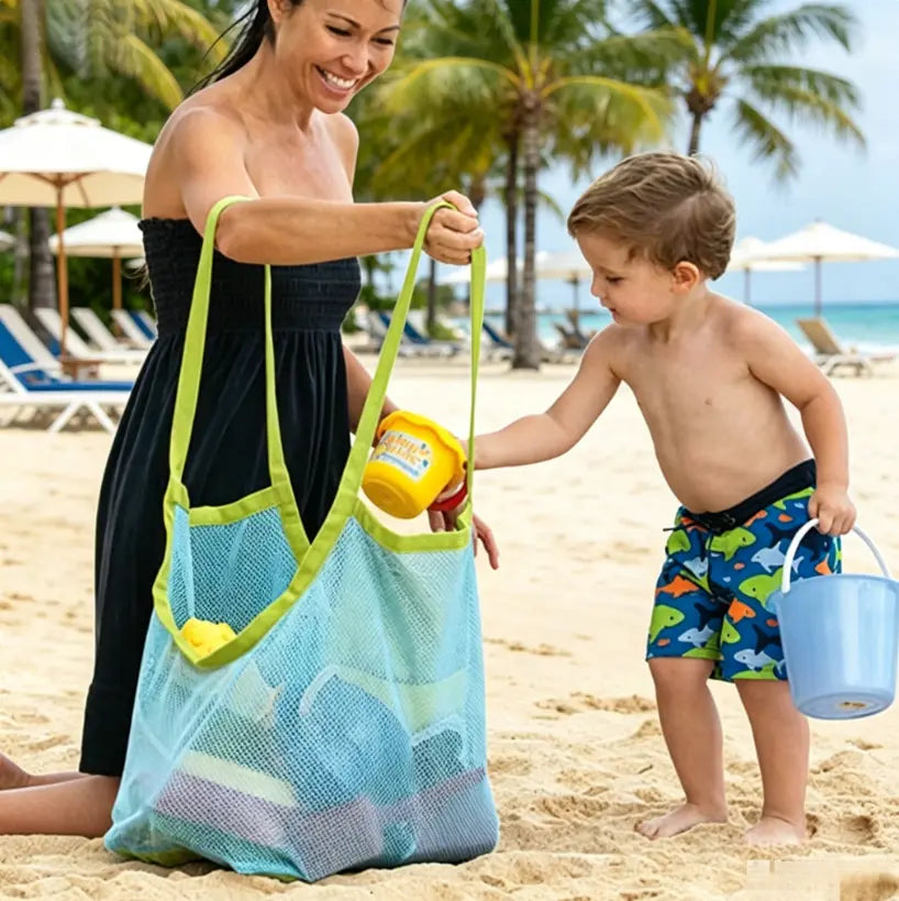 Foldable children's beach bag, toy storage bag, sand digging tool and miscellaneous items quick storage mesh bag, extra large mesh bag