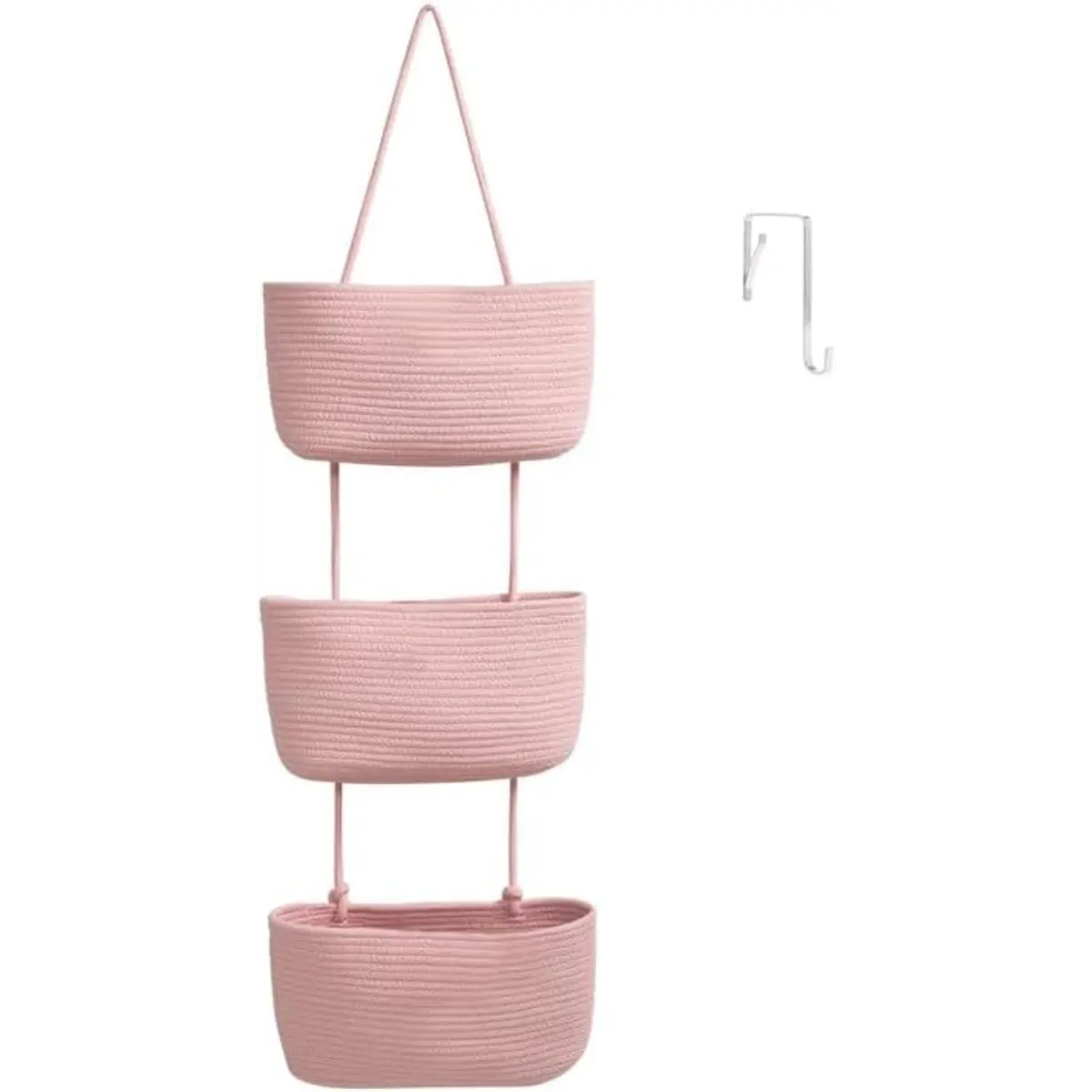 【Free Shipping (14in)】Woven Cotton 3-Tier Trapezoid Over-the-Door Basket, Wall-Mounted Jute Decorative Household Organizer, French Country Aesthetic for Busy Parents, with Gift Hook for Bathroom Decor Ideas & Home Storage