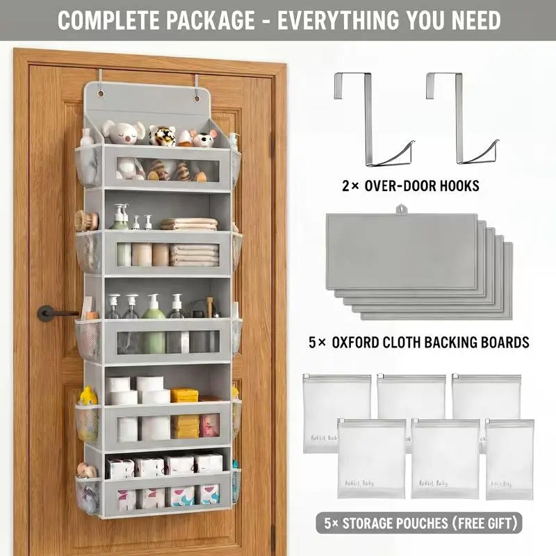 5-Tier Over The Door Organizer Storage Bag - Heavy-Duty Oxford Fabric Hanging Organizer with Visible Windows, Mesh Side Pockets, Includes Hooks, No-Drill Installation for Bathroom, Bedroom Storage (Fits Standard Doors)
