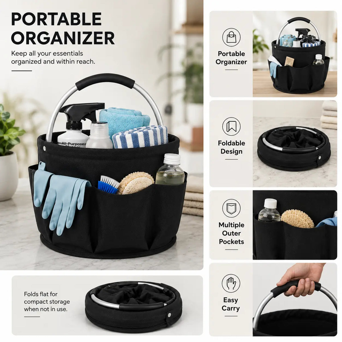 16L Portable Foldable Cleaning Caddy with Handle and Pockets, Space-Saving Household Organizer, Great for Daily Home Use, Car Trunk, Camping Picnic (Sports & Outdoor Essentials)
