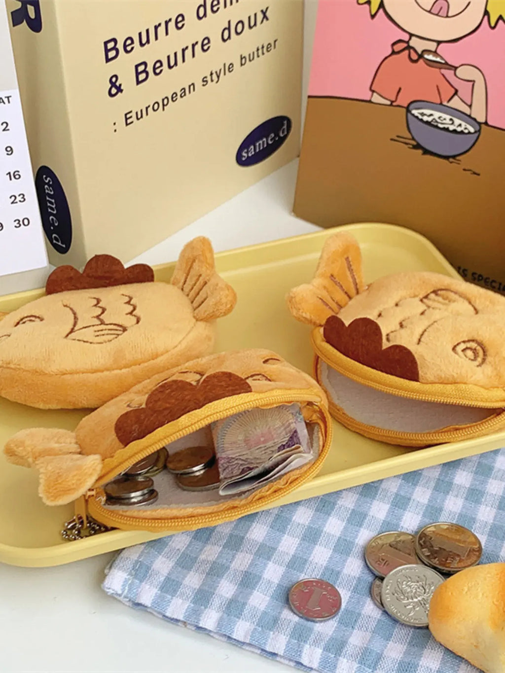 Cute Taiyaki Coin Bag Mouth Envelope Bluetooth-compatible Earphone Data Cable Organizer, Soft Pouch, Storage Bags, Multipurpose, Student Backpack Accessory, Birthday Gift, Car Decoration