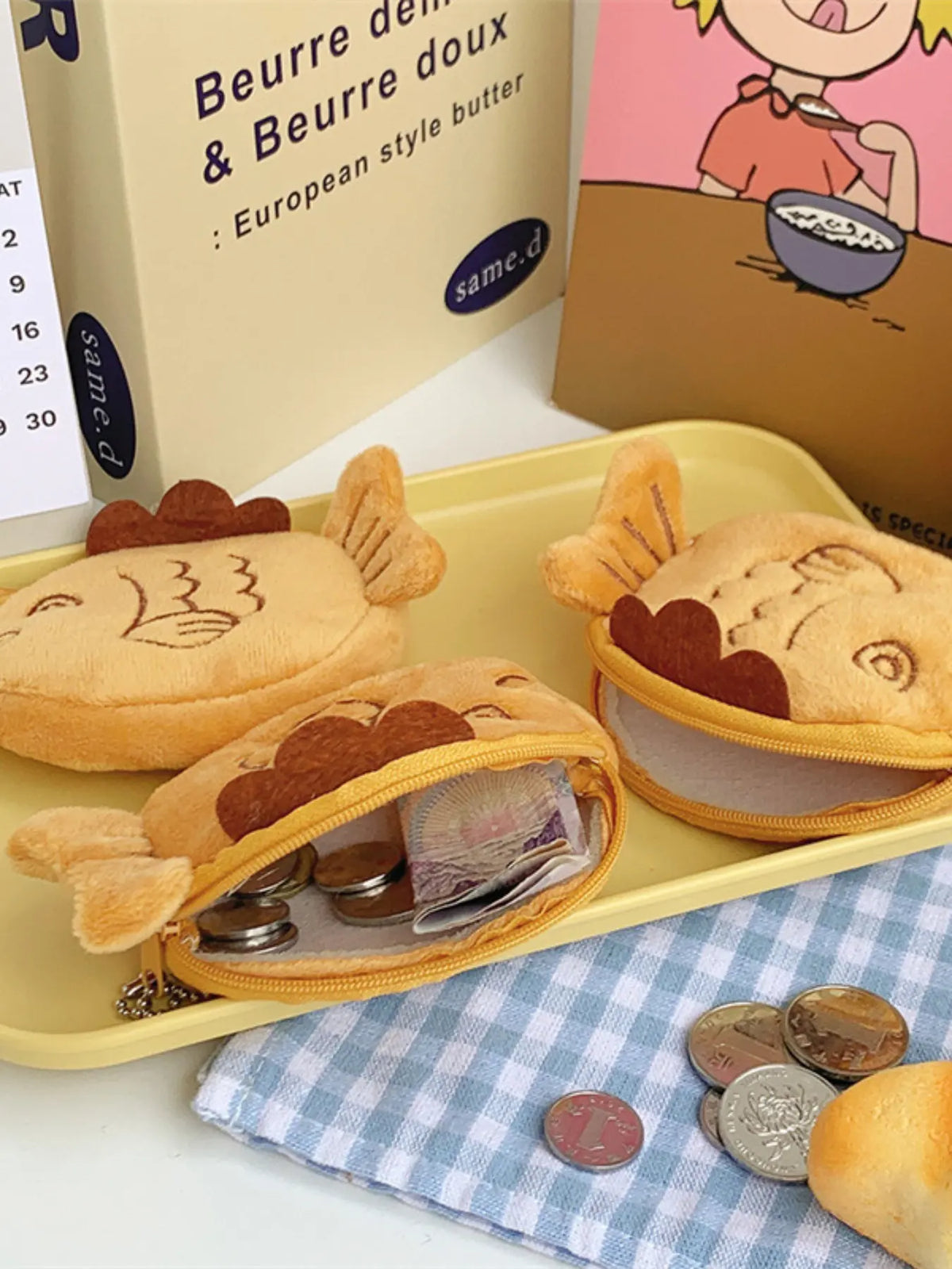 Cute Taiyaki Coin Bag Mouth Envelope Bluetooth-compatible Earphone Data Cable Organizer, Soft Pouch, Storage Bags, Multipurpose, Student Backpack Accessory, Birthday Gift, Car Decoration