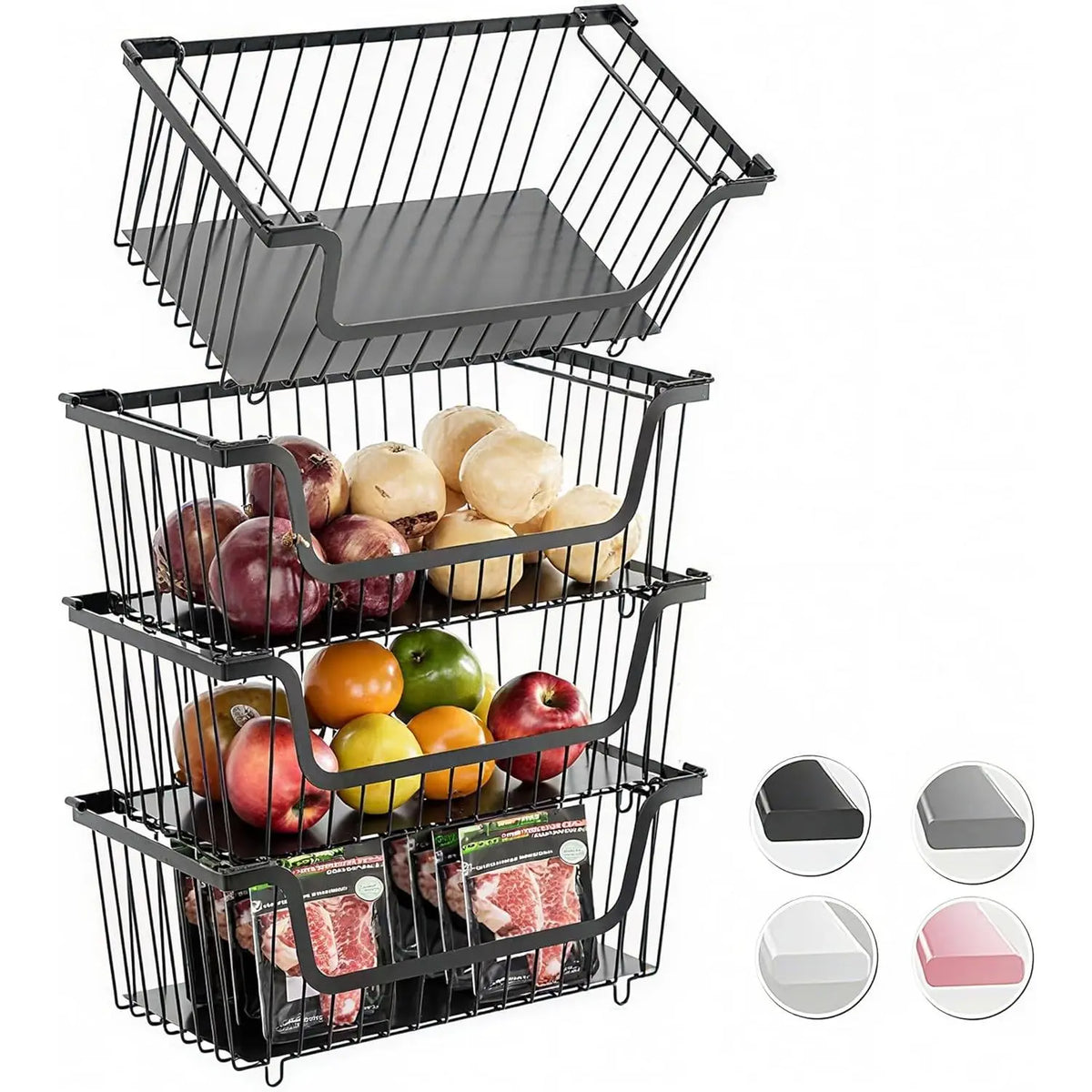 Black 4-Pcs Stackable Stainless Steel Hollow Wire Storage Bins Set - Metal Kitchen Bathroom Basket with Rotating Handle, Pet Supplies Organizer, Countertop Produce Holder