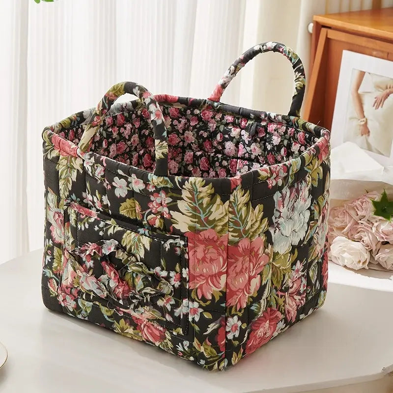Washable Foldable Fabric Storage Bag, Book Organizer Floral Pattern Basket, Office Supplies Holder, Home Decor Bin for Entryway Bedroom Living Room, Decorative Storage Basket