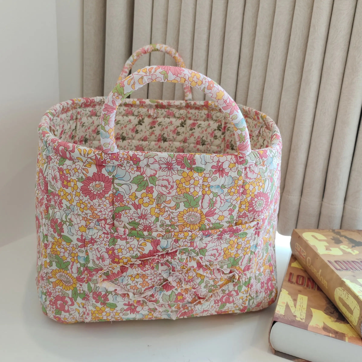 Washable Foldable Fabric Storage Bag, Book Organizer Floral Pattern Basket, Office Supplies Holder, Home Decor Bin for Entryway Bedroom Living Room, Decorative Storage Basket