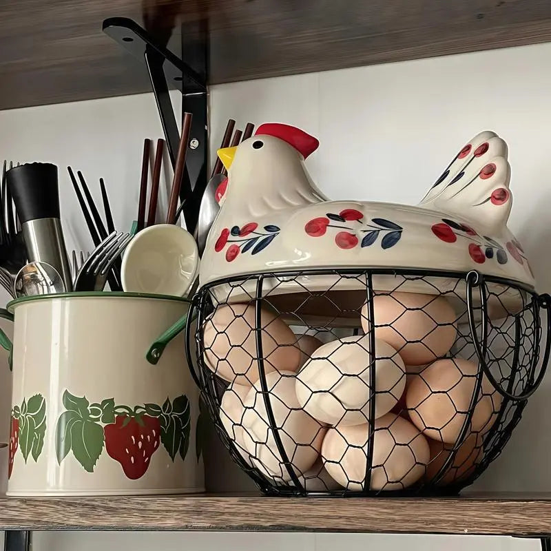 Ceramic Chicken Egg Holder with Metal Wire Frame & Lift-Off Round Lid, Rustic Cherry Blossoms Decorative Storage Home Decor Organiser, Wire Baskets for Organizing Eggs Fruits Home Garden Use