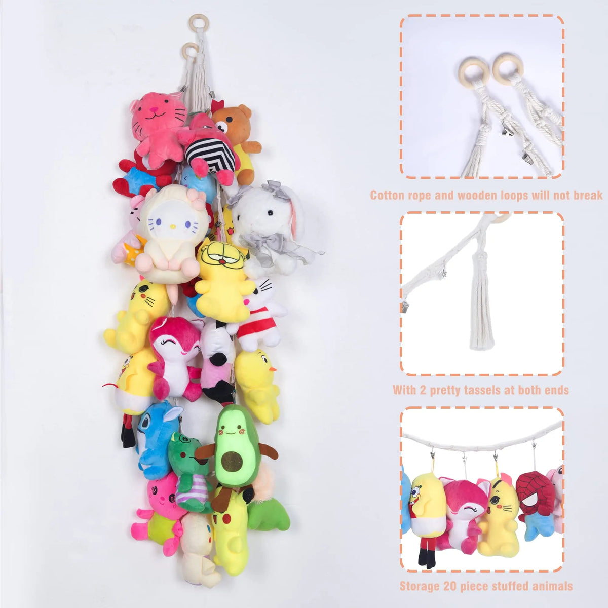 White Hangable Cotton Stuffed Animal Storage Chain Set - 80 in, 20 Metal Clips, Home Organiser, Decorative Storage, Room Organization Products for Nursery, Playroom, Storage Organiser