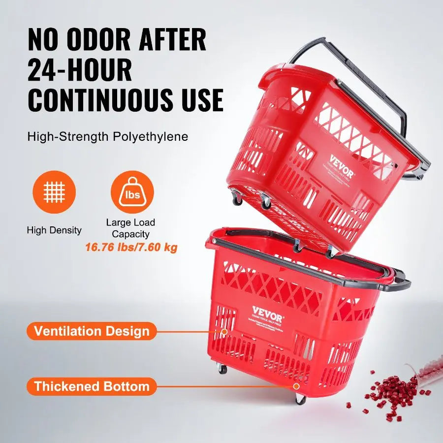VEVOR 6PCS 39L Plastic Rolling Shopping Baskets with Handles & Wheels, Large Portable Set for Supermarkets, Grocery Shopping, With Wheel