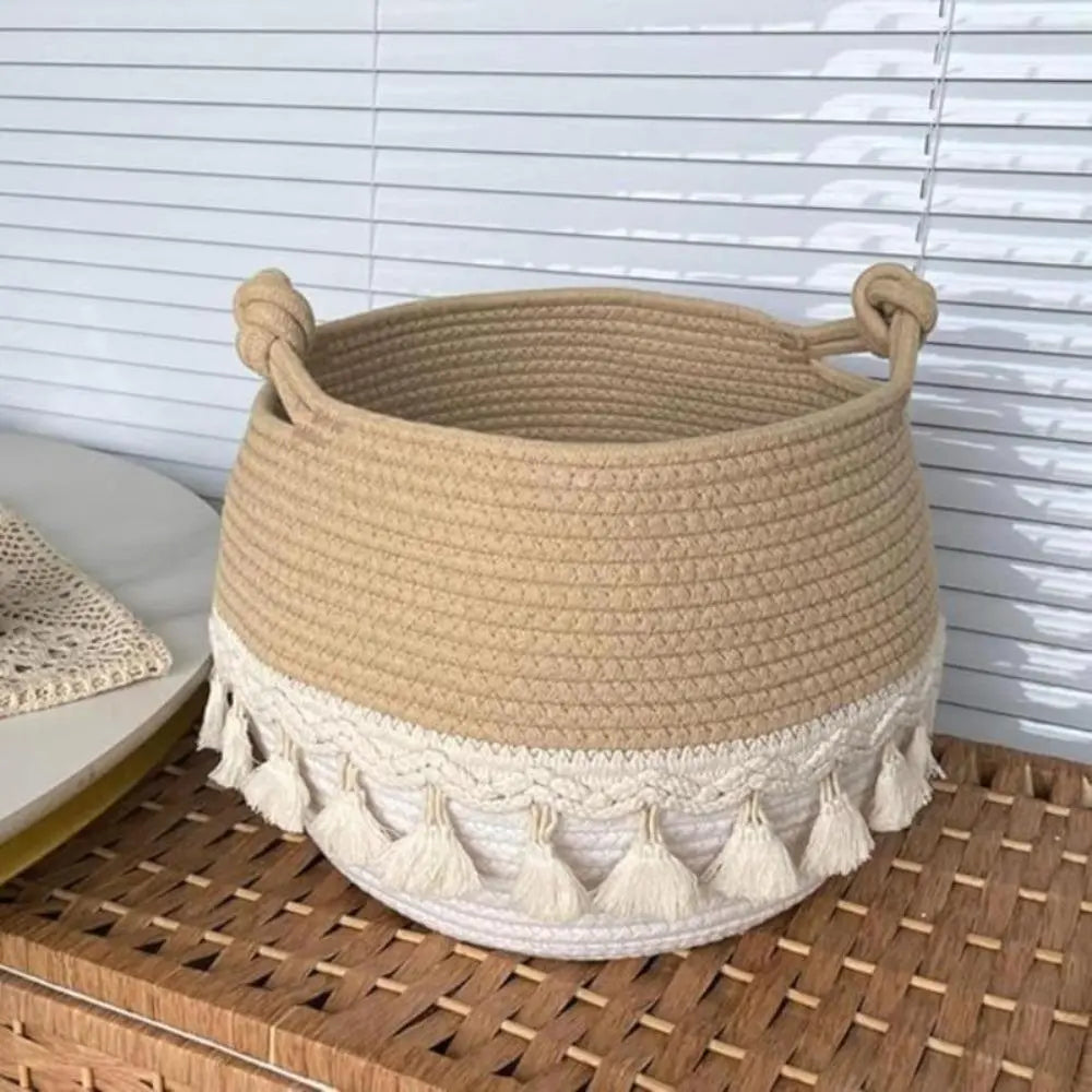 Large Round Handmade Cotton Rope Woven Tassel Laundry Basket Organizer - Freestanding Decorative Closet Storage Basket, Home Organizer for Busy Families