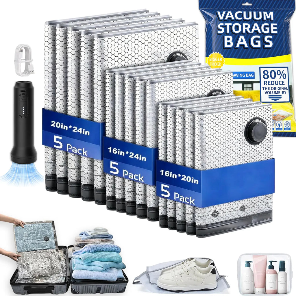 15 Pieces Reusable Vacuum Compression Storage Bags Set with Rechargeable Wireless Pump, Compact Portable Organiser Storage Transportation Bag for Travel Clothing & Home Bedding