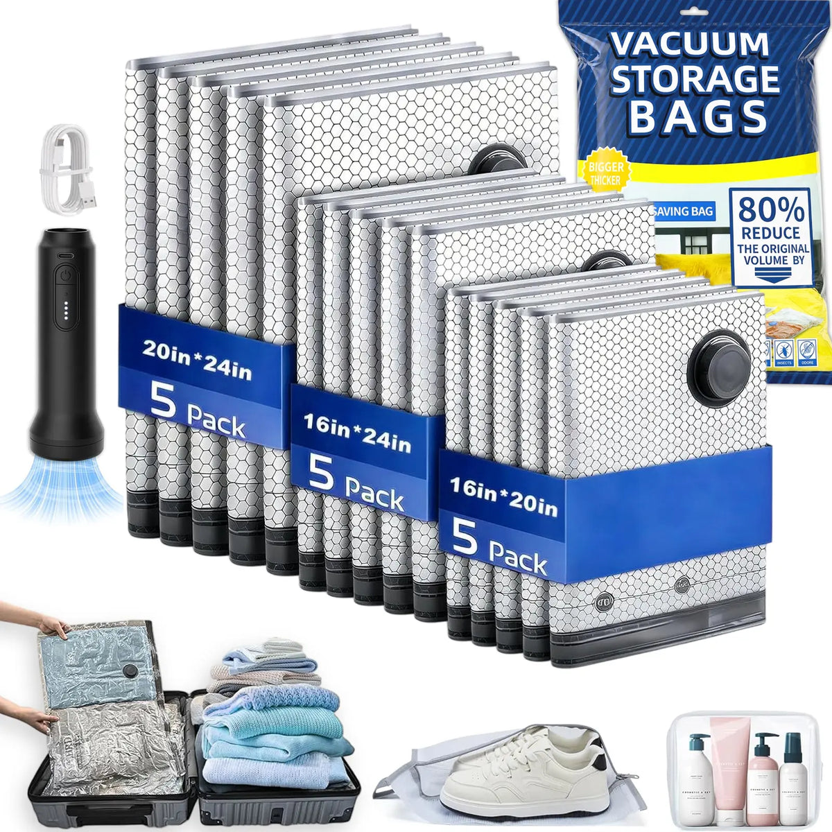 15 Pieces Reusable Vacuum Compression Storage Bags Set with Rechargeable Wireless Pump, Compact Portable Organiser Storage Transportation Bag for Travel Clothing & Home Bedding