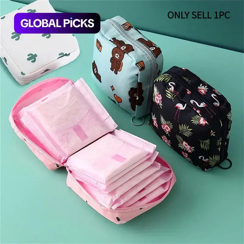 Cartoon Pattern Sanitary Napkin Storage Bag, 1 Count Portable Menstrual Pad Pouch Organiser, Small Zipper Space-Saving Bag for Outdoor Travel and Home, Organizing Supplies Portable Travel Organizer #GLOBAL PICKS