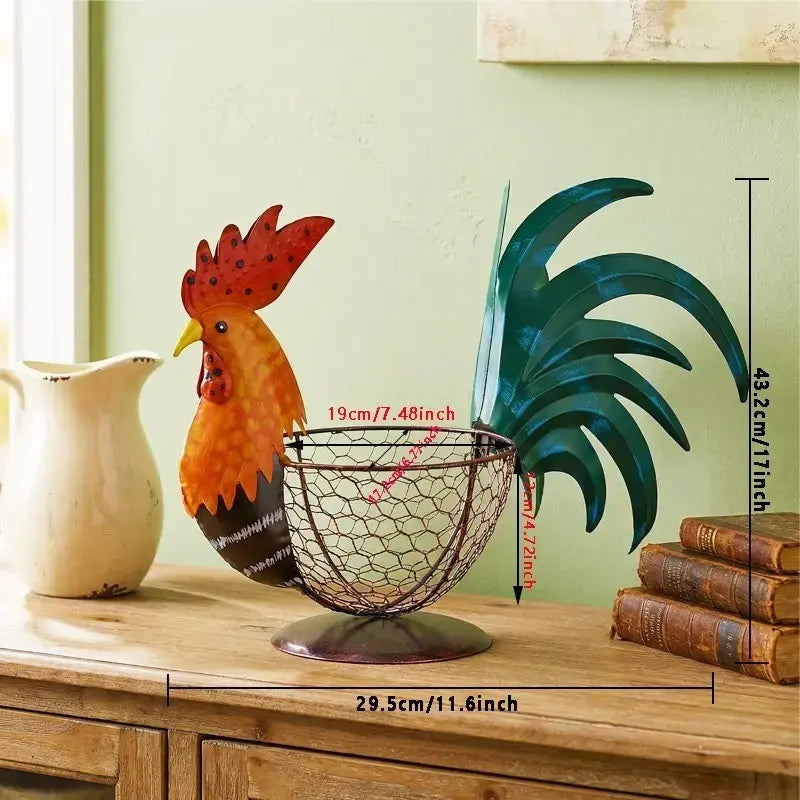 Farmhouse Rustic Multicolor Chicken Wire Metal Egg Basket, Vintage Rooster Ornament, Cute Decorative Fruit Basket for Kitchen & Home, Wire Storage Basket, Decorative Baskets