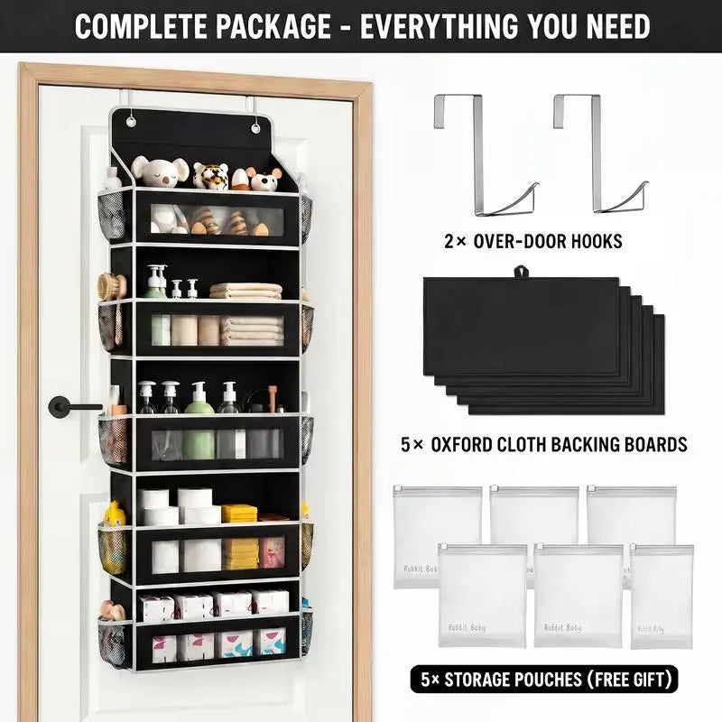 5-Tier Over The Door Organizer Storage Bag - Heavy-Duty Oxford Fabric Hanging Organizer with Visible Windows, Mesh Side Pockets, Includes Hooks, No-Drill Installation for Bathroom, Bedroom Storage (Fits Standard Doors)