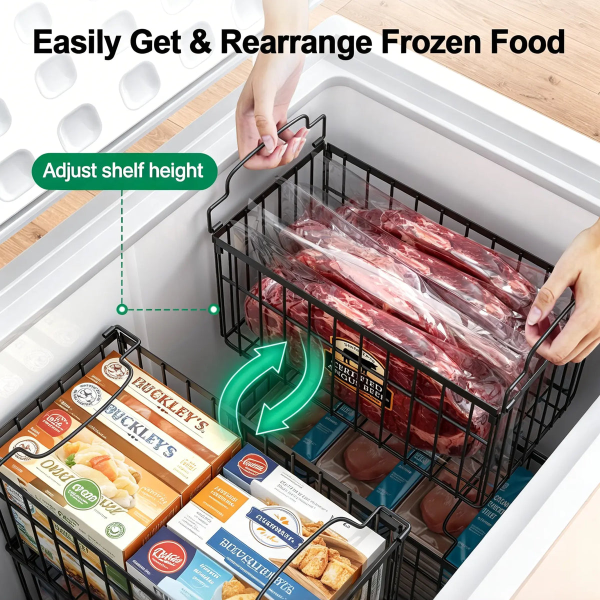 Msercuor Stackable Wire Freezer Organizer Bins - Black 4 Pack, Durable Rustproof Stainless Steel Storage Baskets with Open-Frame Design, Space-Saving Lifttograb Access, Keeps Food Fresher Longer (2/6/8 Pack Options)