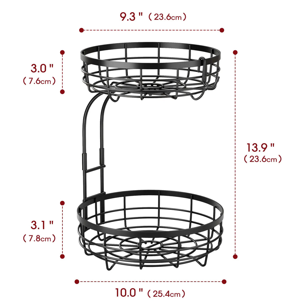 Sakugi 2-Tier Black Wire Round Fruit Organiser, Detachable Storage Bin Rack for Kitchen Countertop Pantry, Easy Assembly Modern Home Organizing Wire Basket, Baskets For Organizing