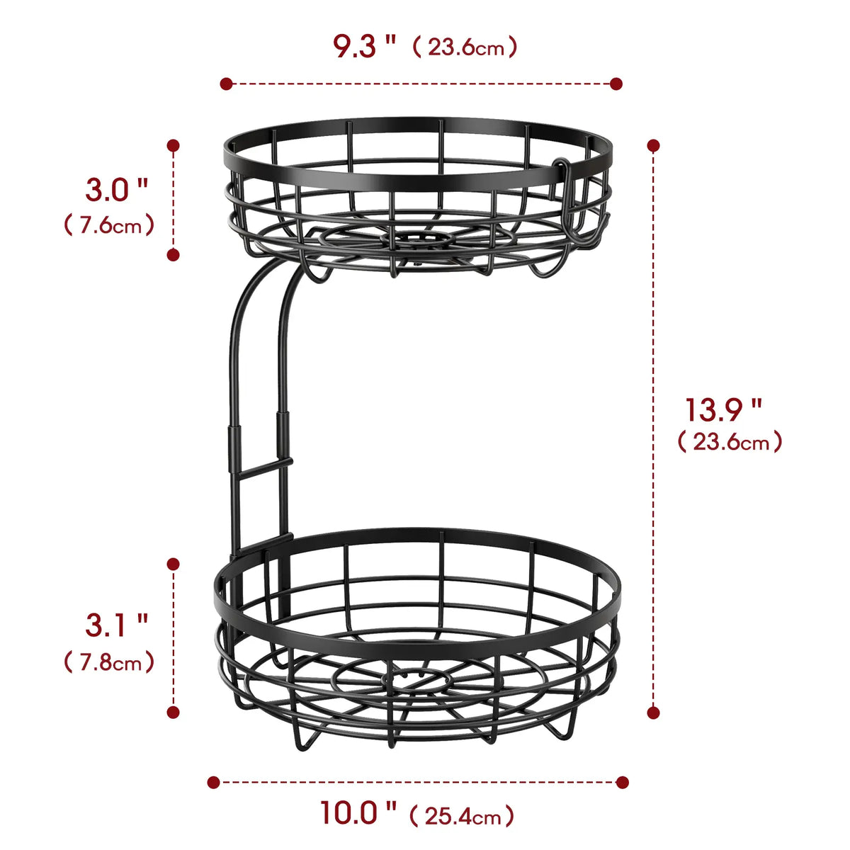 Sakugi 2-Tier Black Wire Round Fruit Organiser, Detachable Storage Bin Rack for Kitchen Countertop Pantry, Easy Assembly Modern Home Organizing Wire Basket, Baskets For Organizing