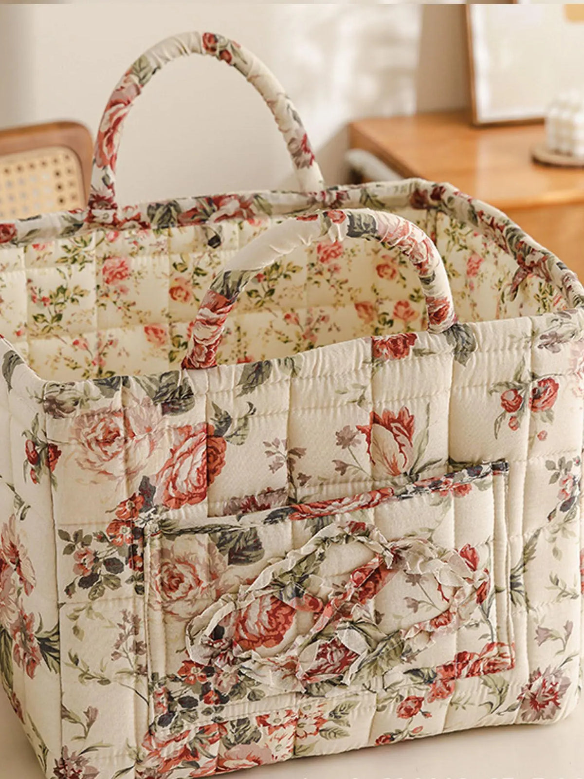Floral Pattern Flower Fabric Storage Tote Basket, Portable Underwear Organizer, Organizing Baskets, Home Organization for Kitchen Bathroom Bedroom Living Room Office, Decorative Storage Basket