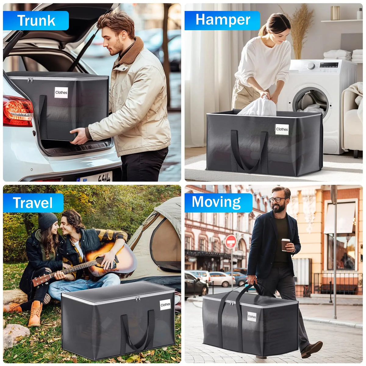 【New】6-Pack Grey Durable Large Collapsible Storage Bags for Families - Bulk Pack, Multipurpose Storage, Moving Alternative, Visible Labels, Padded Stitching Reinforced Handles, Space-Saving Home Organizer Essentials