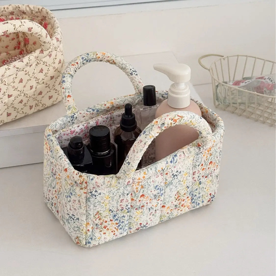 Cotton Country Chic Embroidered Print Lightweight Compact Basket - Baskets for Organizing, Baby Girl's Room Storage, Cosmetic Holder, Portable Gift Bag