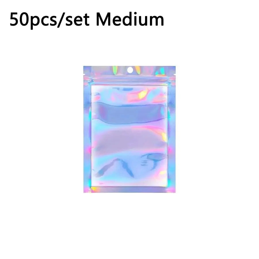 50pcs Laser Film Holographic Jewelry Packaging Bags with Hanging Hole, Half-Transparent Self-Sealing Bags, Clear Storage Bags, Phone Case Storage Bags, Colorful Plastic DIY Organizer, Plastic Organizer Pouches