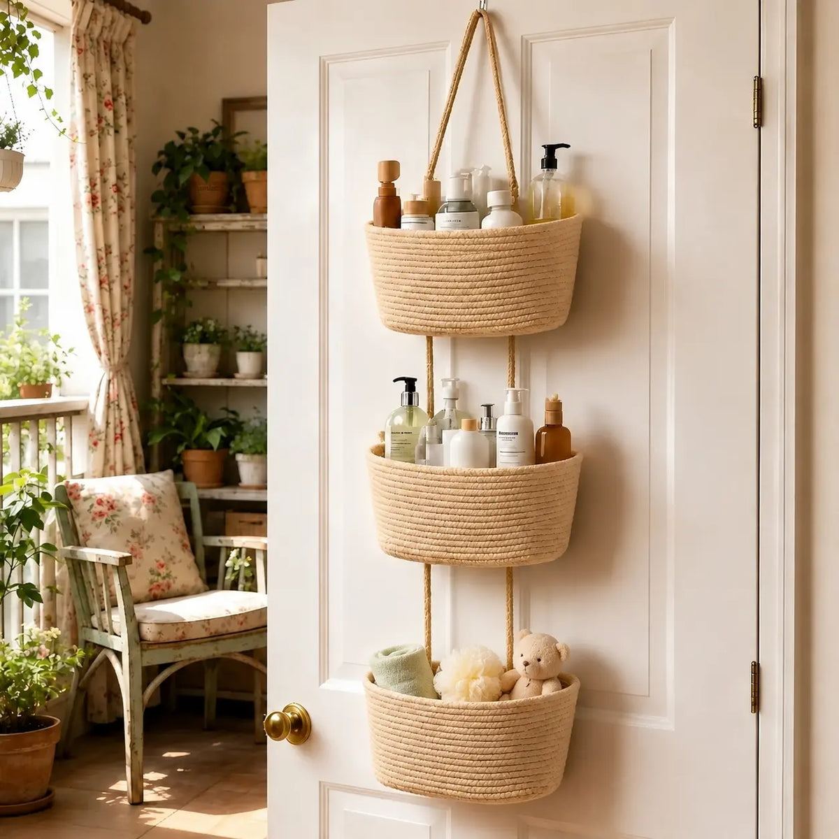3-Tier Woven Cotton Over-the-Door Hanging Wall Basket - Jute Home Organizer Storage, French Country House Decor & Aesthetic Room Decor for Dorm Room, Natural Feel Warm Charm Solution