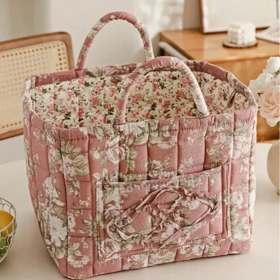 Retro Floral Quilted Cotton Storage Basket with Handles - Durable Large Collapsible Organizer Bin with Multi-Pockets, Foldable Tote for Bedroom Organization, Laundry, Household Use (Vintage Style),sohochic