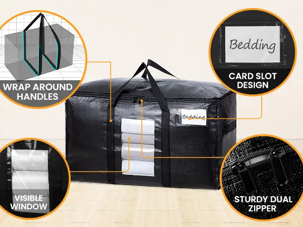 TAILI Extra Large Heavy-Duty Moving Bags (4 Pack Black) - Eco-Friendly Modern Multi-Purpose Space Saving Organizer Totes with Visible Window, Wrap-Around Handles, Lid, Zipper, Alternative to Moving Boxes