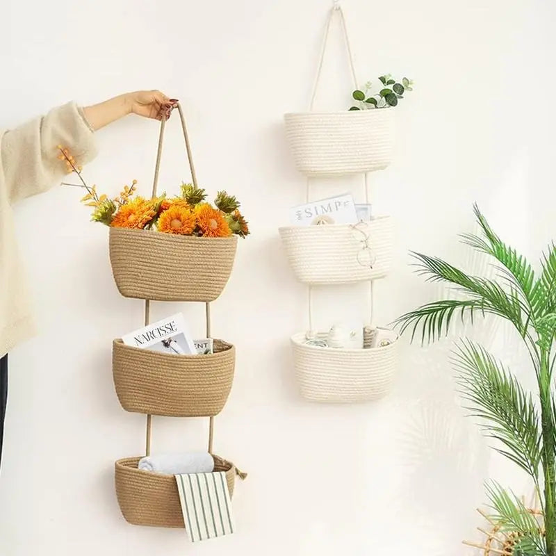 3-Tier Woven Cotton Door-Hanging Storage Basket Set - Compact French Country Home Organizer, Fast Install Use, Clutter Stays Put, Ideal for Busy Parents' Nursery Diapers & Toys (Nursery Decor)