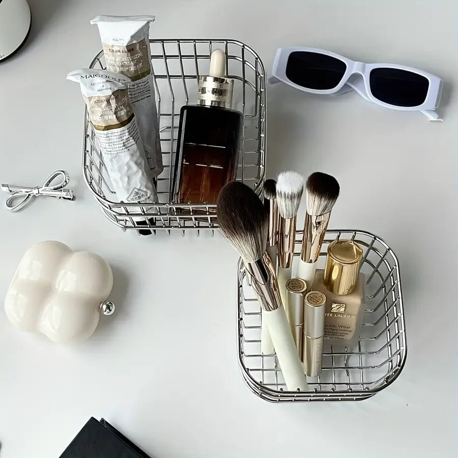 1/2pcs Contemporary Open-Weave Storage Basket - Multi-Purpose Organizer for Bathroom, Kitchen, Desk - Resistant, Sleek Design, Sturdy Construction, Bathroom Organizers And Storage, Home Organization, Organizer, Shelf Baskets