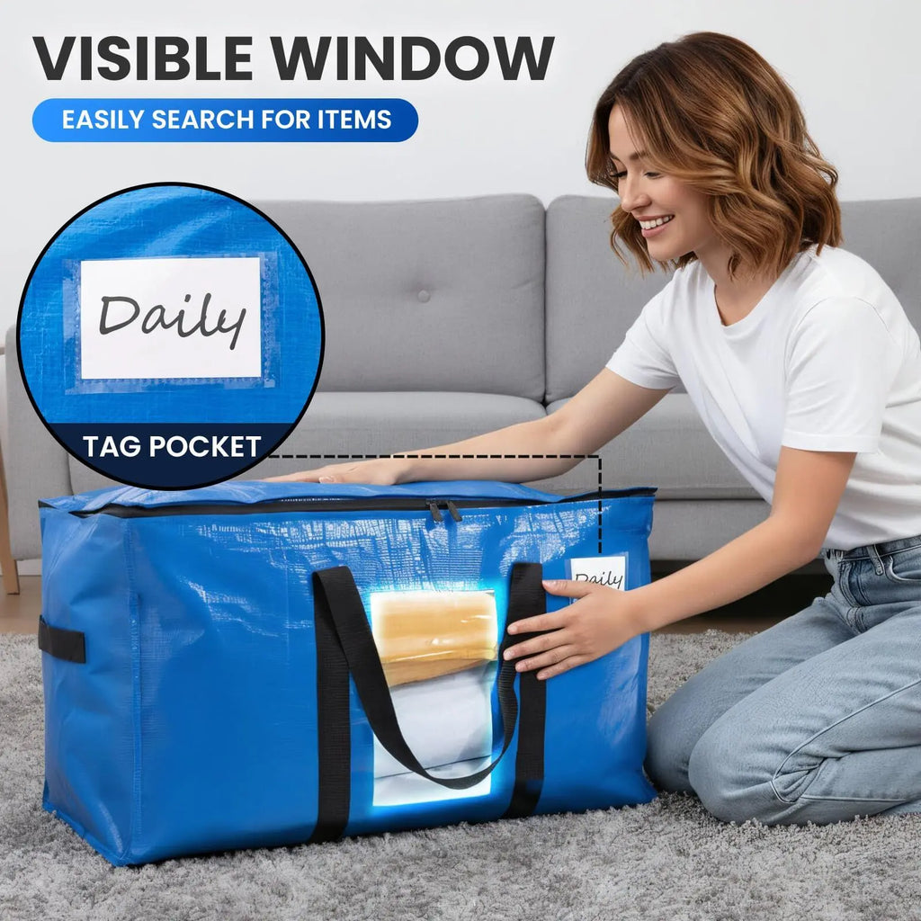 Extra Large Heavy Duty Portable Collapsible Moving & Pack Bags with Zip, 130LBS Load-Bearing Rip Resistant PE Plastic Fabric, Ergonomic Handles, Label Slot, Disposable Storage Organizer for Home Relocation & Storage Organization