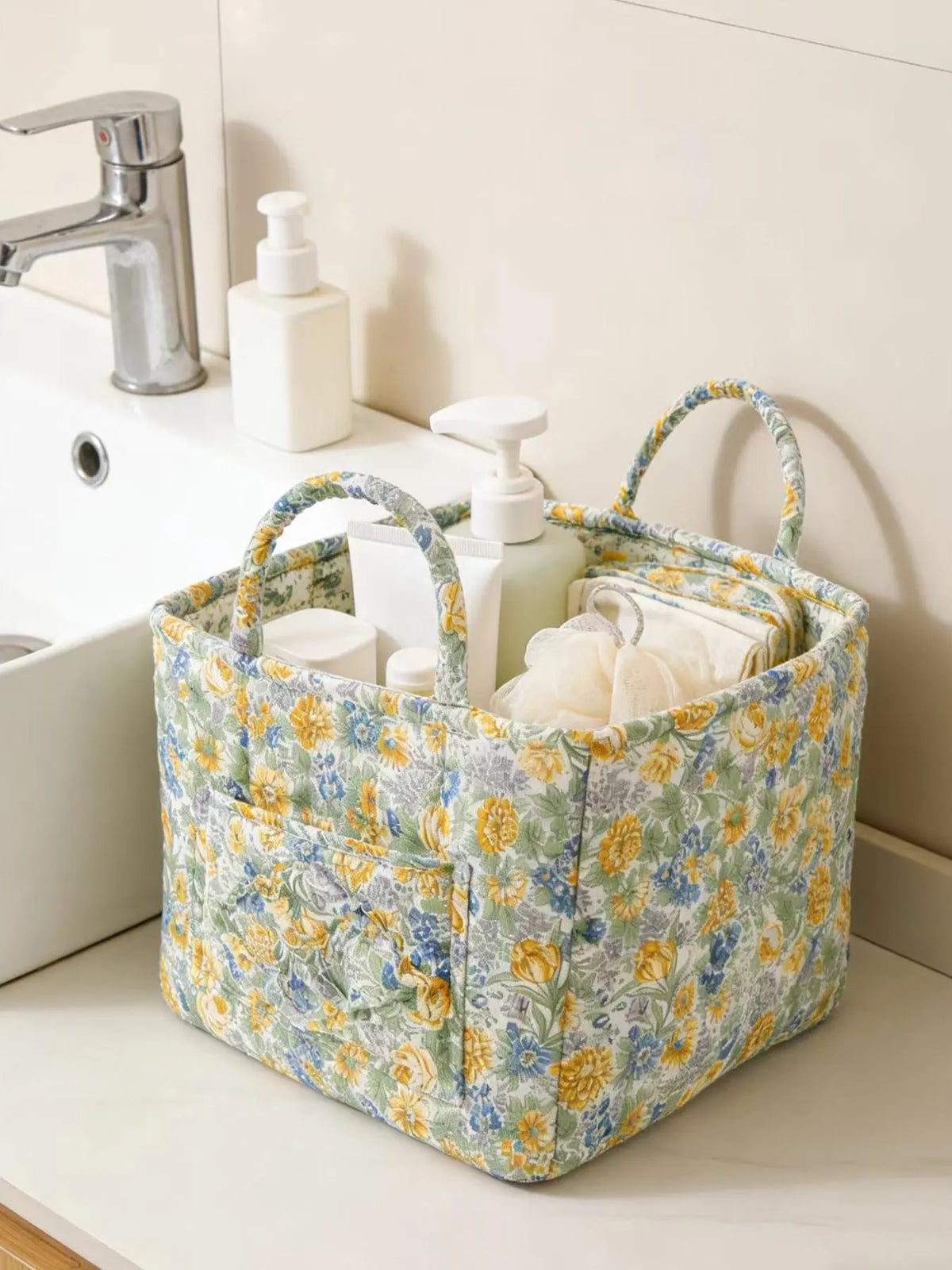Floral Pattern Flower Fabric Storage Tote Basket, Portable Underwear Organizer, Organizing Baskets, Home Organization for Kitchen Bathroom Bedroom Living Room Office, Decorative Storage Basket