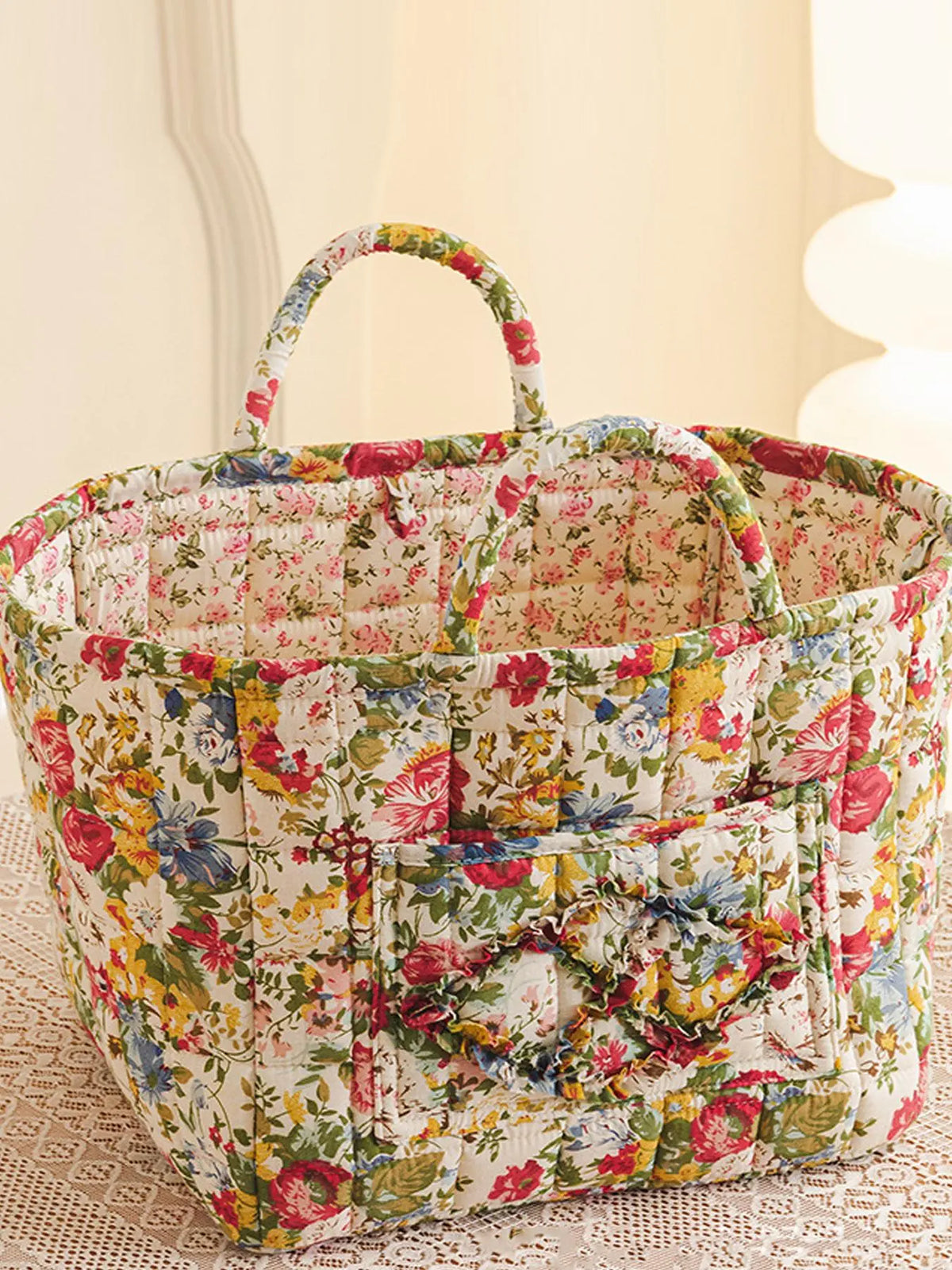 Floral Pattern Flower Fabric Storage Tote Basket, Portable Underwear Organizer, Organizing Baskets, Home Organization for Kitchen Bathroom Bedroom Living Room Office, Decorative Storage Basket