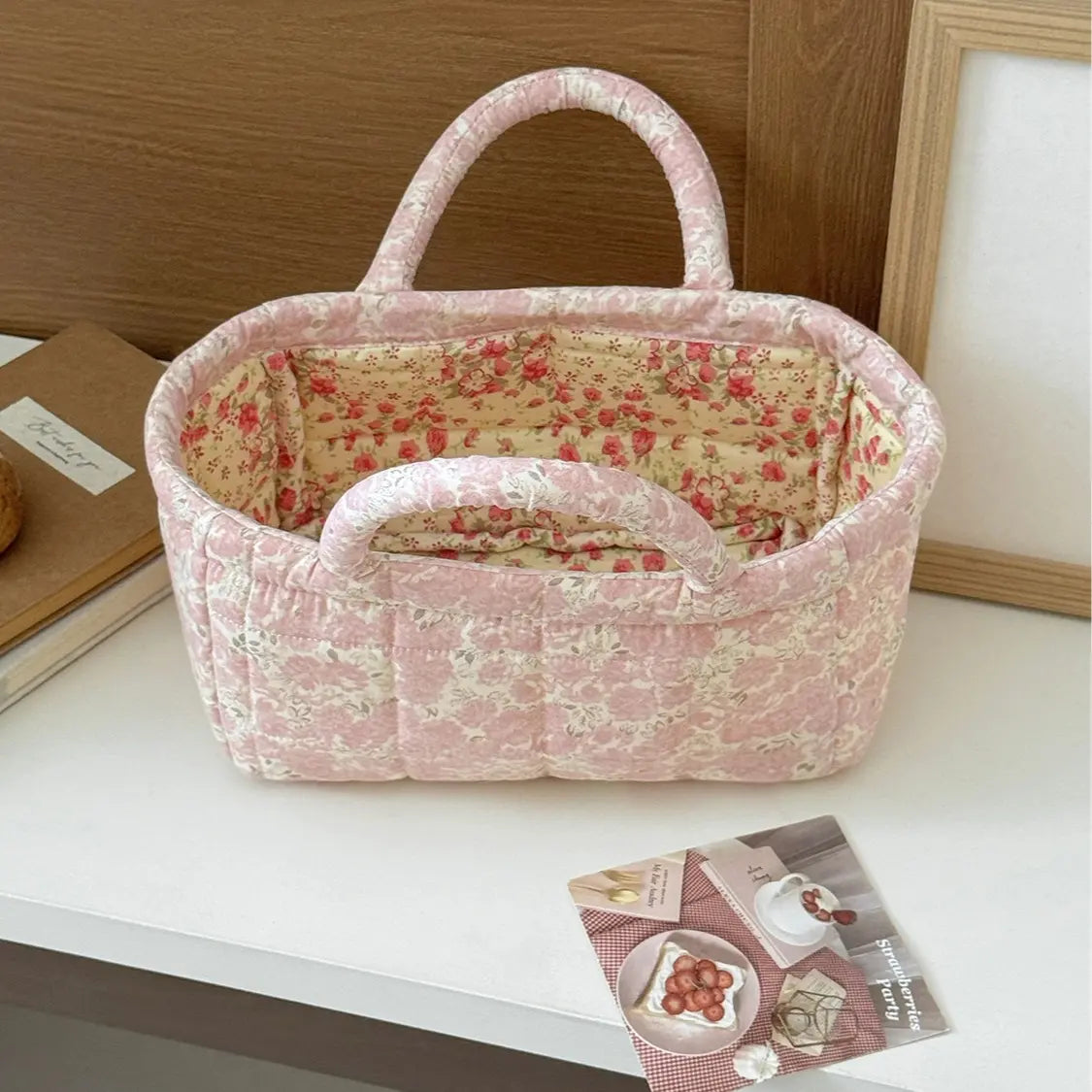 Cotton Country Chic Embroidered Print Lightweight Compact Basket - Baskets for Organizing, Baby Girl's Room Storage, Cosmetic Holder, Portable Gift Bag