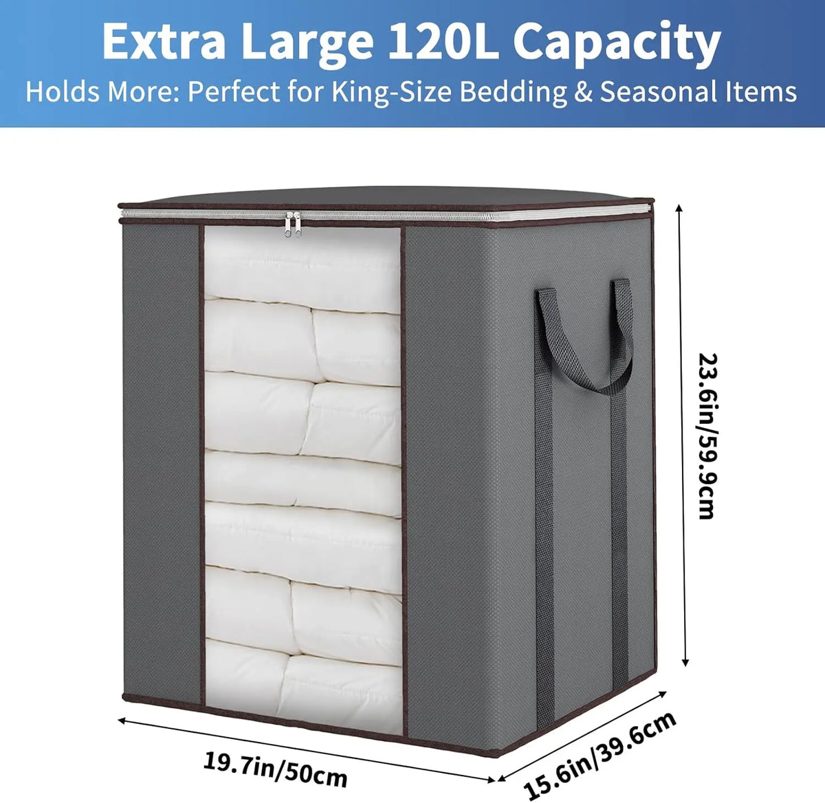 Extra Large Blanket Storage Bags 120L Comforter Storage Bags with Reinforced Handles Breathable Clothes Storage Containers for King Comforter Bedding Pillow Sheet Grey