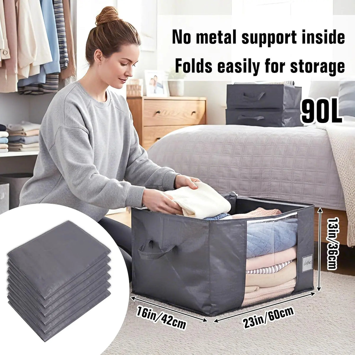 Bedding Storage 90L Blanket Storage Bags 6 Pack Large Foldable Heavy Duty Clothes Containers for Closet, Clothing, Comforters, Bedding, Bed Sheets, Pillows and Toys Organizers
