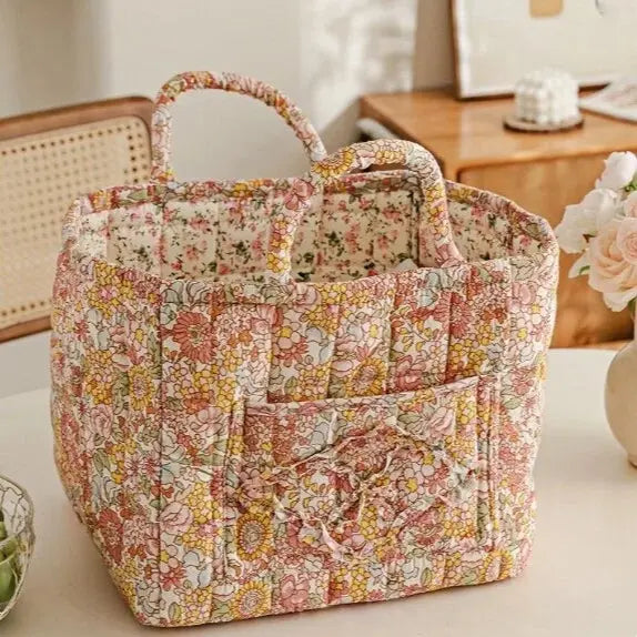 Retro Floral Quilted Cotton Storage Basket with Handles - Durable Large Collapsible Organizer Bin with Multi-Pockets, Foldable Tote for Bedroom Organization, Laundry, Household Use (Vintage Style),sohochic