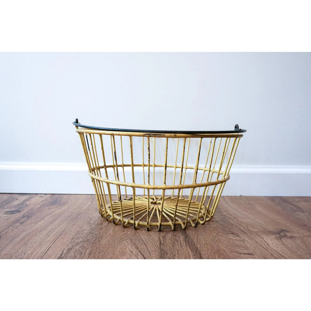 Vintage Galvanized Metal Egg Basket in Distressed Yellow and Spiral Metal Handle