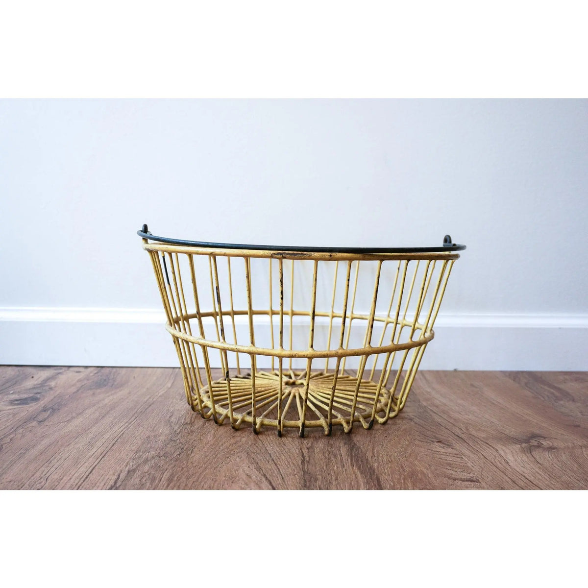 Vintage Galvanized Metal Egg Basket in Distressed Yellow and Spiral Metal Handle
