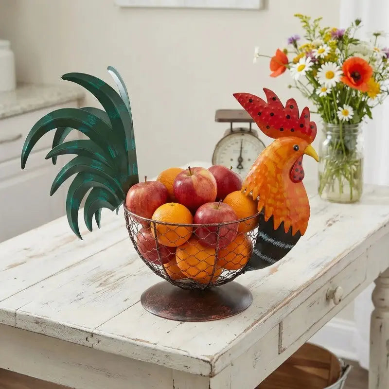 Farmhouse Rustic Multicolor Chicken Wire Metal Egg Basket, Vintage Rooster Ornament, Cute Decorative Fruit Basket for Kitchen & Home, Wire Storage Basket, Decorative Baskets