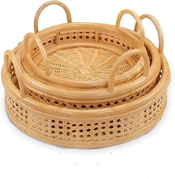 ShelterCast Rattan Round Serving Tray Wicker Woven Bread Basket with Handles (Natural Brown) Decor Light Organiser Decorative