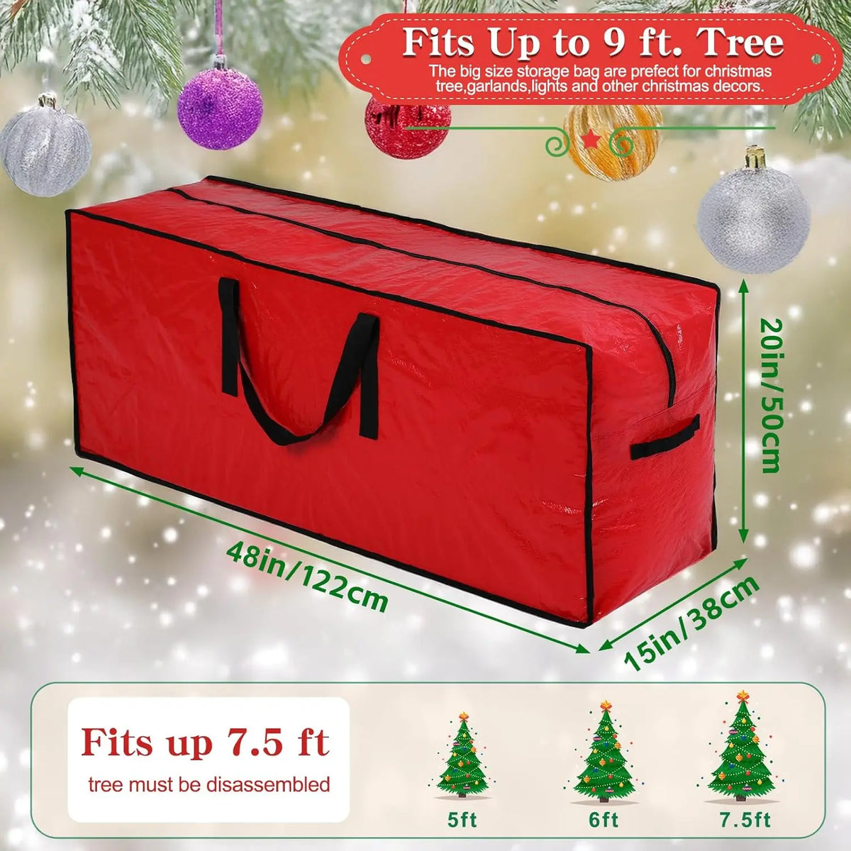 Extra-Large Christmas Tree Storage Container, 600D Waterproof Oxford Cloth Organiser - Adjustable, Fits Up to 7.5 Ft Trees, Heavy Duty, Anti-Tear, Reinforced Handle, Dual Zipper, Wide Opening, Exterior Pockets, Buckle, UV Protection for Garage Use