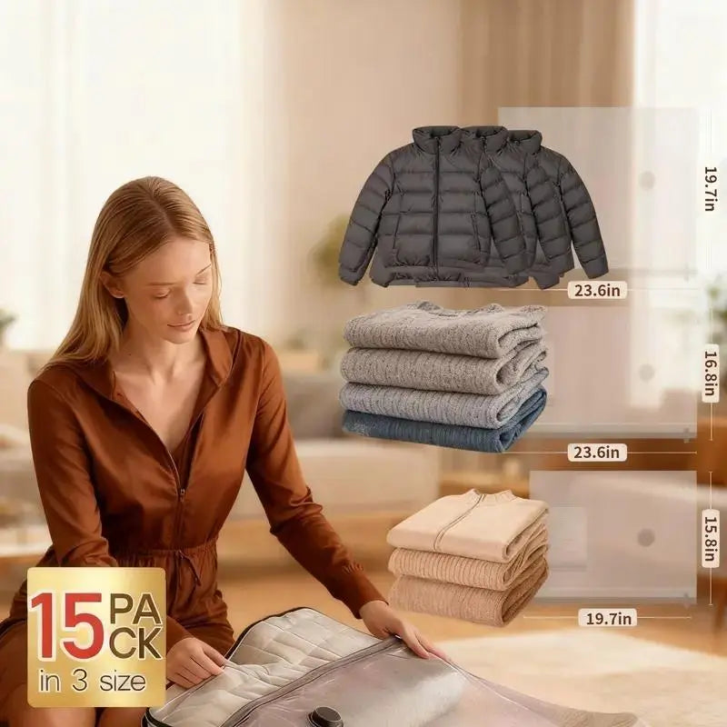 【Father's Day Gift】X7 Cordless Travel Vacuum Bags Set with Rechargeable Pump - 15-Pack PA+PE Waterproof Resealable Vacuum Zipper Pouches (3 Sizes), 140L/Min Powerful Suction, 80% Space Saving, Carry-On Suitcase Essential, Space Saving Bag