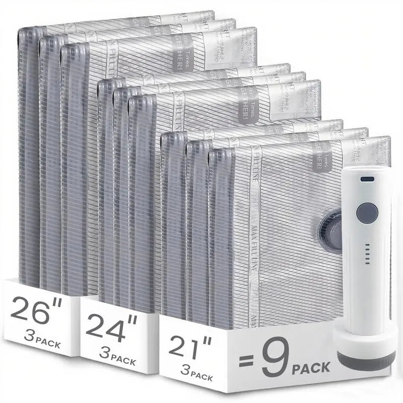 【2026 Upgraded】X7 Cordless Travel Vacuum Storage Compression Bag Set with Rechargeable air Pump 9/15 Pack Waterproof & Reusable Compression Packing Bags for 2 Size,140L/Min Powerful Air Removal，Perfect for Carry-On Suitcases,