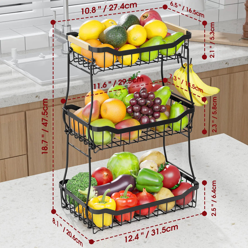 2/3-Tier Square Metal Fruit Basket Stand, Durable Kitchen Storage Unit, Space-Saving Stackable Countertop Home Organizer for Fruits, Snacks, Bread
