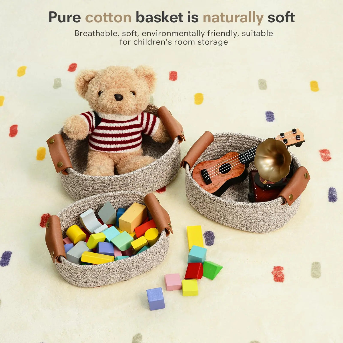 SANNAX 5-Piece Multi-Size Sturdy Cotton Rope Storage Basket Set, High-Quality Leather-Accent Organizers for Storage Organization, Dorm Decor, Preschool/Bedroom Use, Books & Tech