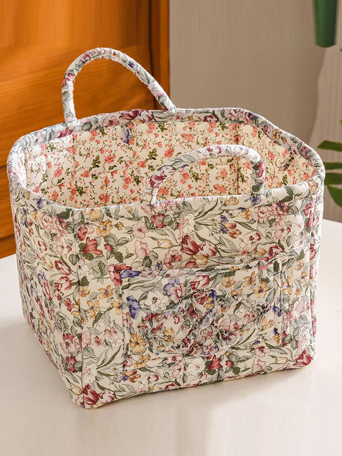 Floral Pattern Flower Fabric Storage Tote Basket, Portable Underwear Organizer, Organizing Baskets, Home Organization for Kitchen Bathroom Bedroom Living Room Office, Decorative Storage Basket